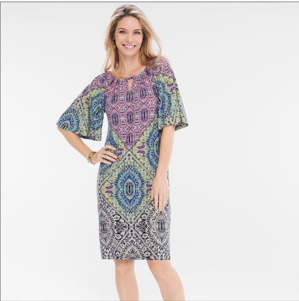 CHICO'S Paisley Kimono Style Dress Jersey Keyhole SZ   3(16)
